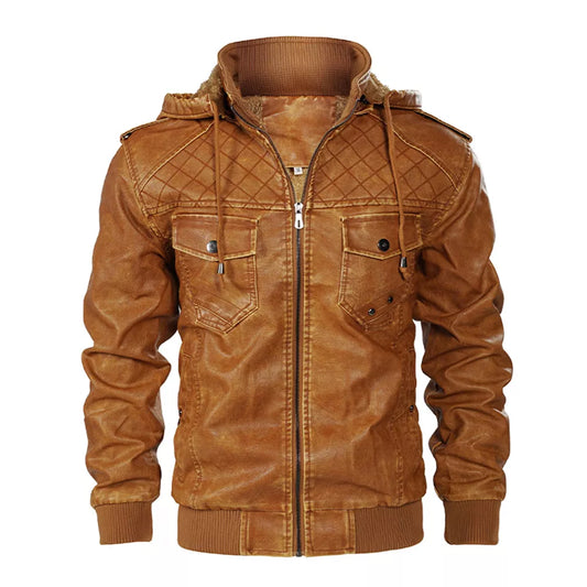 Men’s PU Faux Leather Zip-Up Motorcycle Bomber Jacket With a Removable Hood