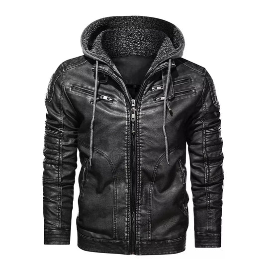 Men’s Stand Collar Warm PU Faux Leather Zip-Up Motorcycle Jacket
