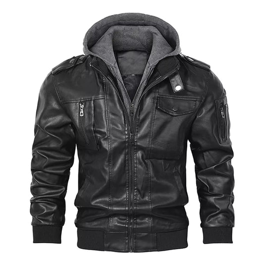 Men’s Casual Stand Collar PU Faux Leather Motorcycle Bomber Jacket