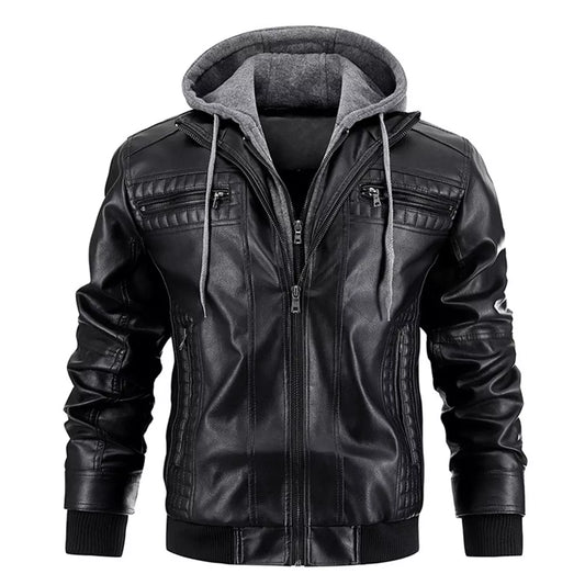 Mens PU Faux Leather Jacket With a Removable Hood