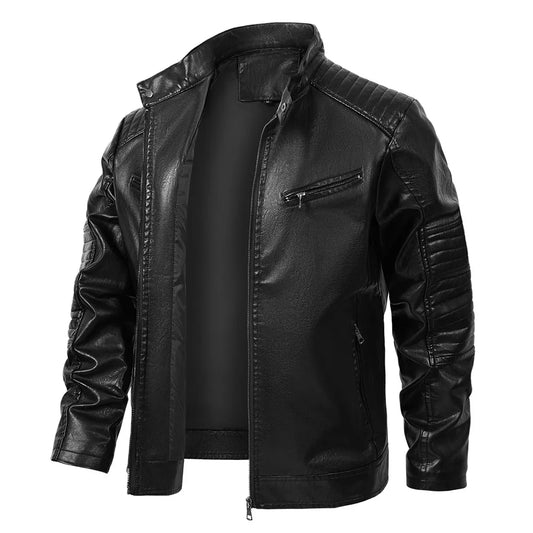 Men’s Stand Collar Leather Jacket Casual Faux Leather Motorcycle Jacket Outerwear Coat with Zipper Pockets