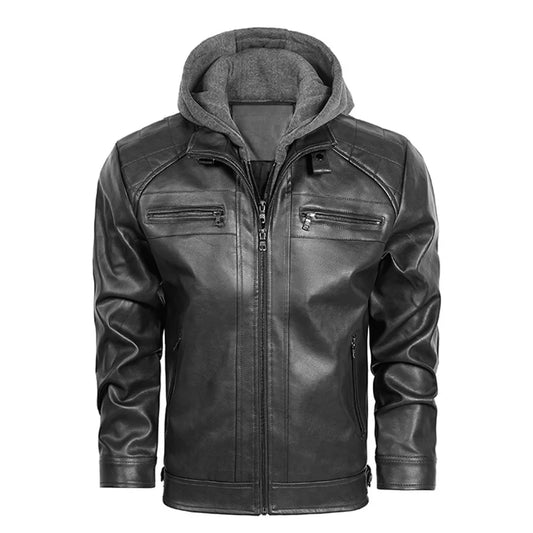 Men’s PU Faux Leather Motorcycle Jacket With a Removable Hood