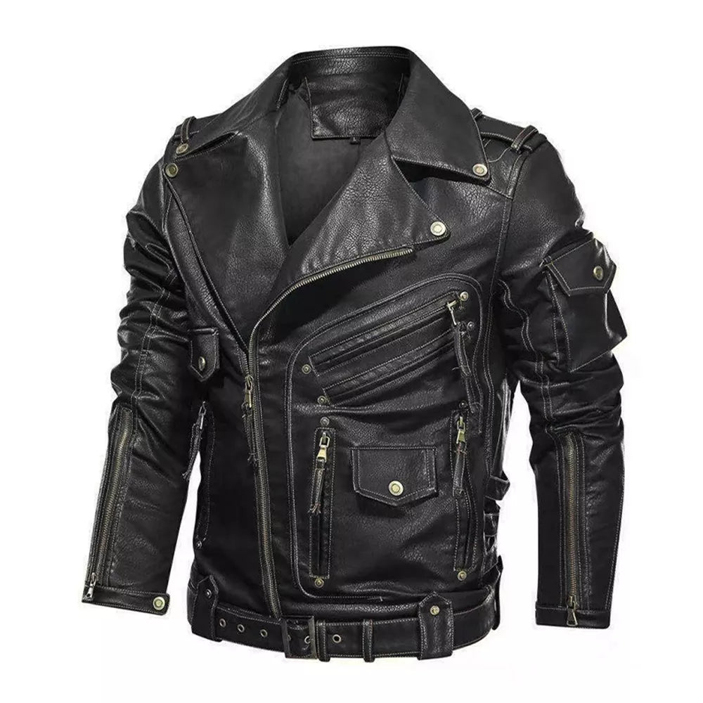 Men's Stand Collar Faux Leather Motorcycle Jacket with Zip Pockets