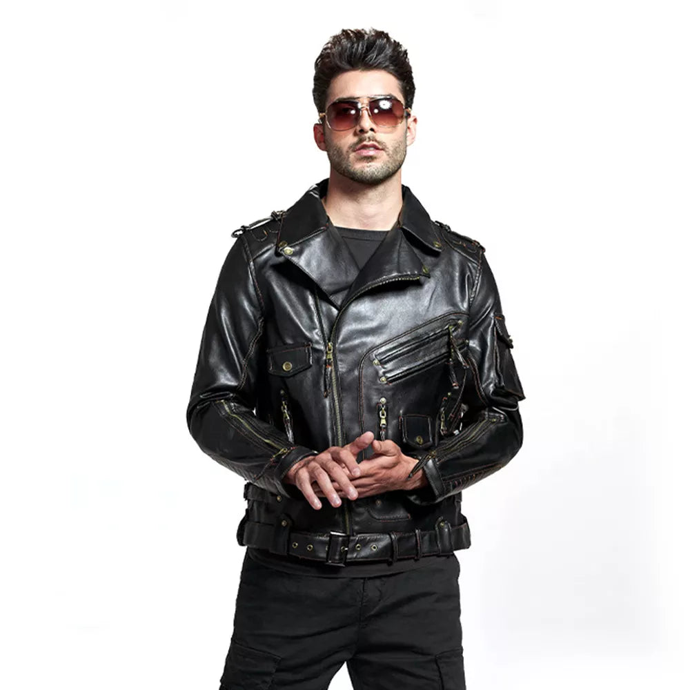 Men's Stand Collar Faux Leather Motorcycle Jacket with Zip Pockets