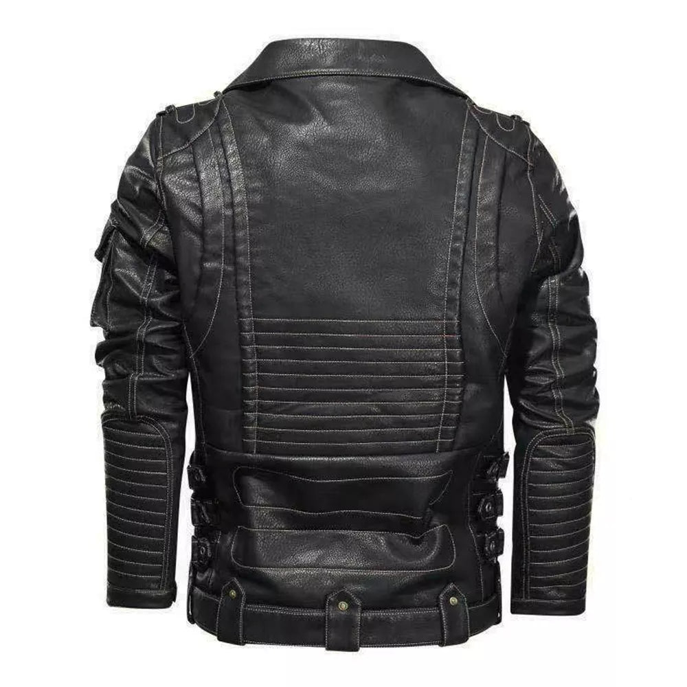 Men's Stand Collar Faux Leather Motorcycle Jacket with Zip Pockets
