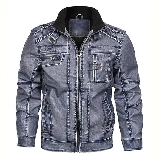 Men's Vintage Wash PU Leather Motorcycle Jacket with Stand-Up Collar