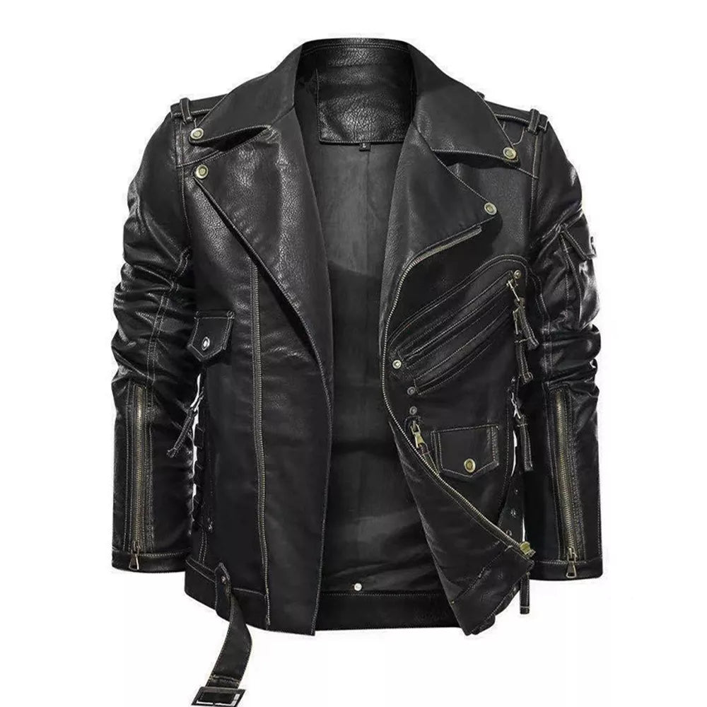 Men's Stand Collar Faux Leather Motorcycle Jacket with Zip Pockets