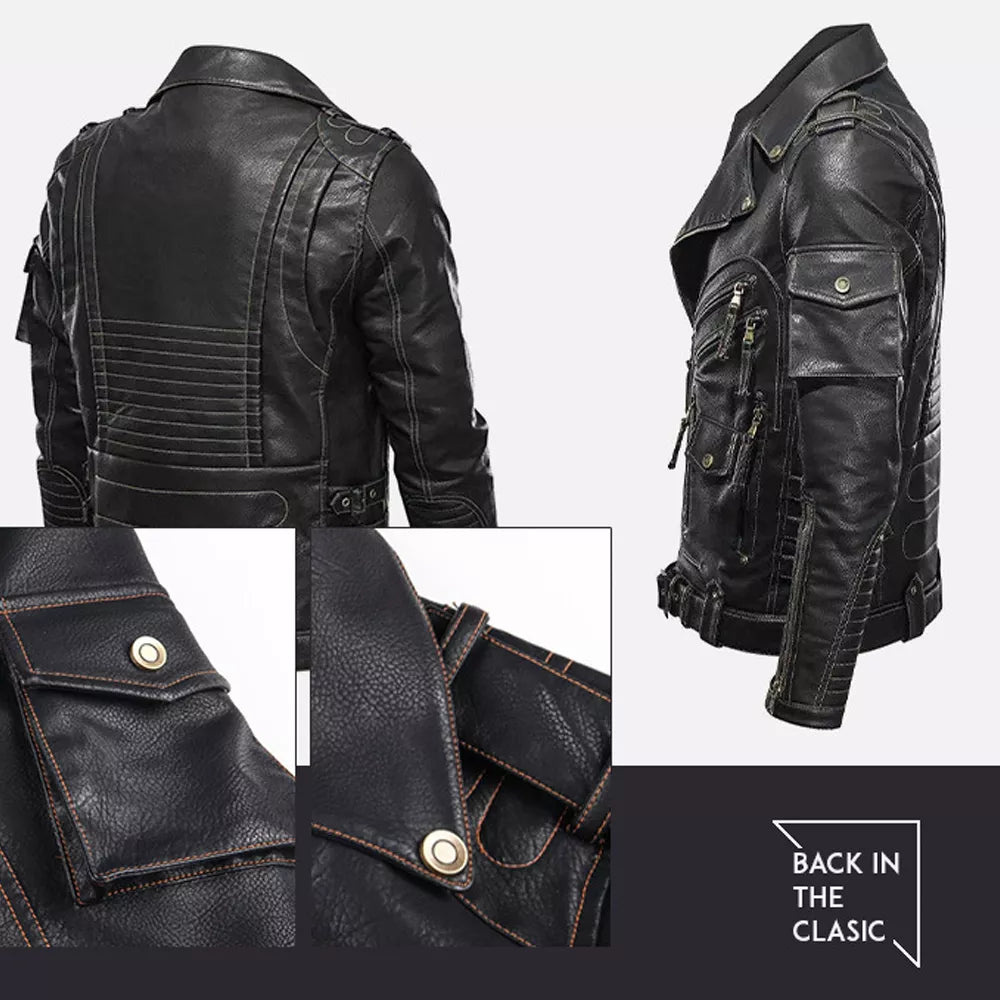 Men's Stand Collar Faux Leather Motorcycle Jacket with Zip Pockets