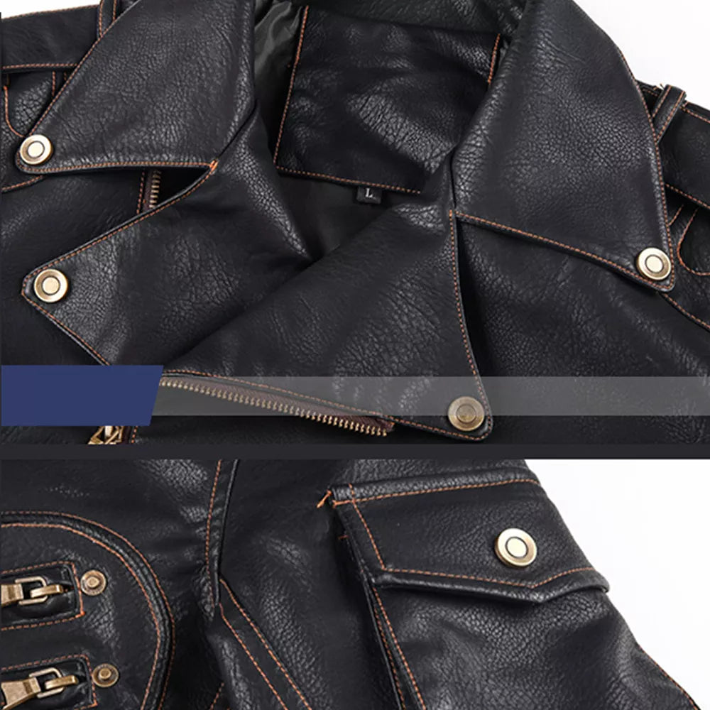 Men's Stand Collar Faux Leather Motorcycle Jacket with Zip Pockets