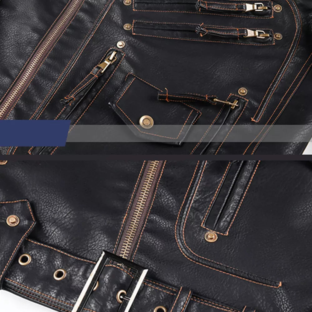 Men's Stand Collar Faux Leather Motorcycle Jacket with Zip Pockets