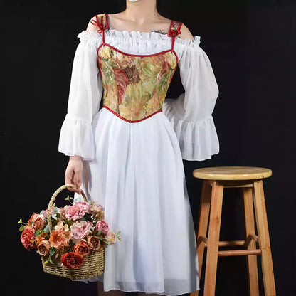 Renaissance Style Oil Painting Corset with Adjustable Lace-Up Shoulder Straps