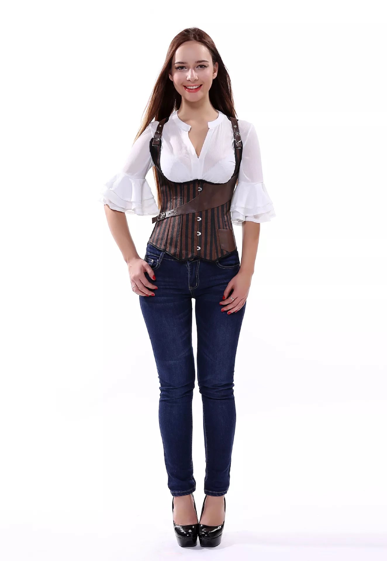 Steampunk Striped Underbust Corset with Leather Straps and Buckles