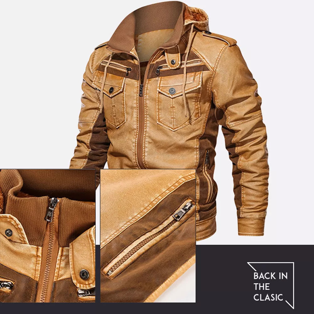 Men's Hooded PU Leather Jacket with Fleece Lining