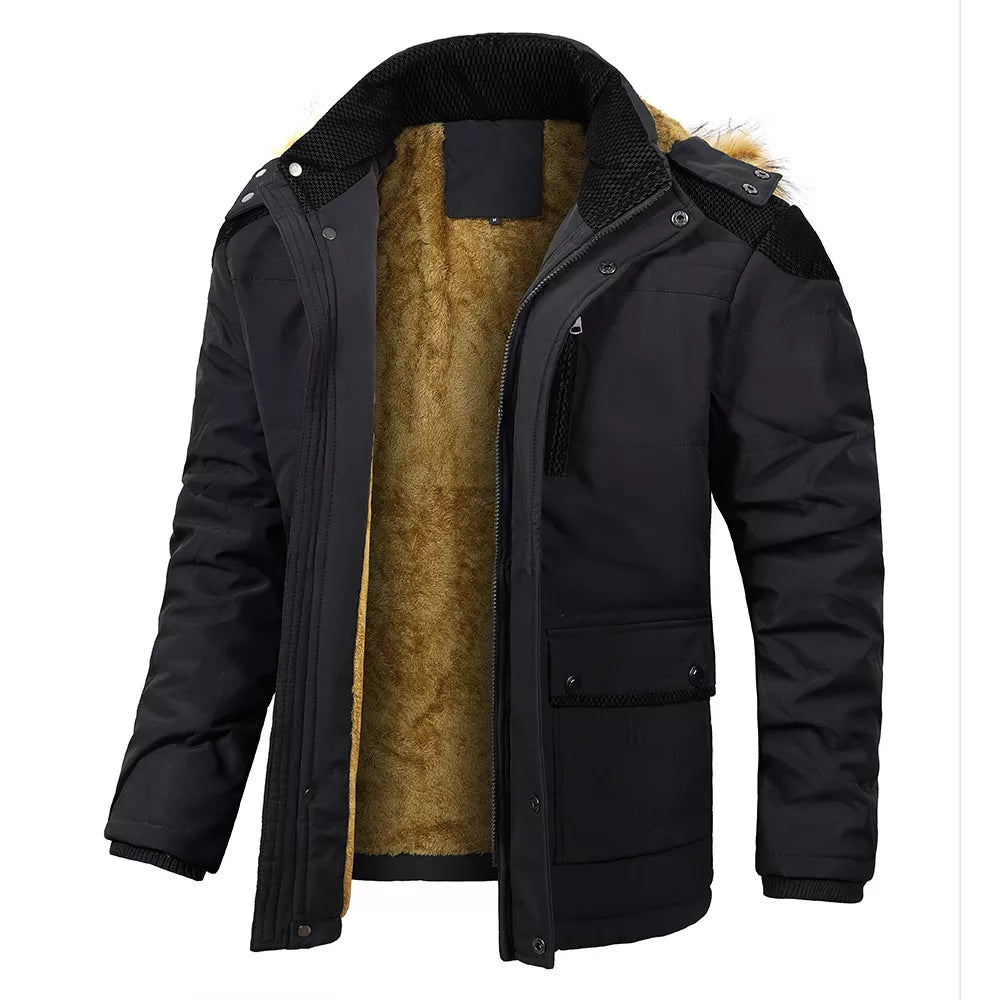 Men's Parka Jacket Hooded Cotton Jacket with Oversized Fur Collar