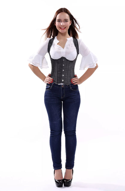 Classic Gray Underbust Corset with Shoulder Straps and Steel Boning