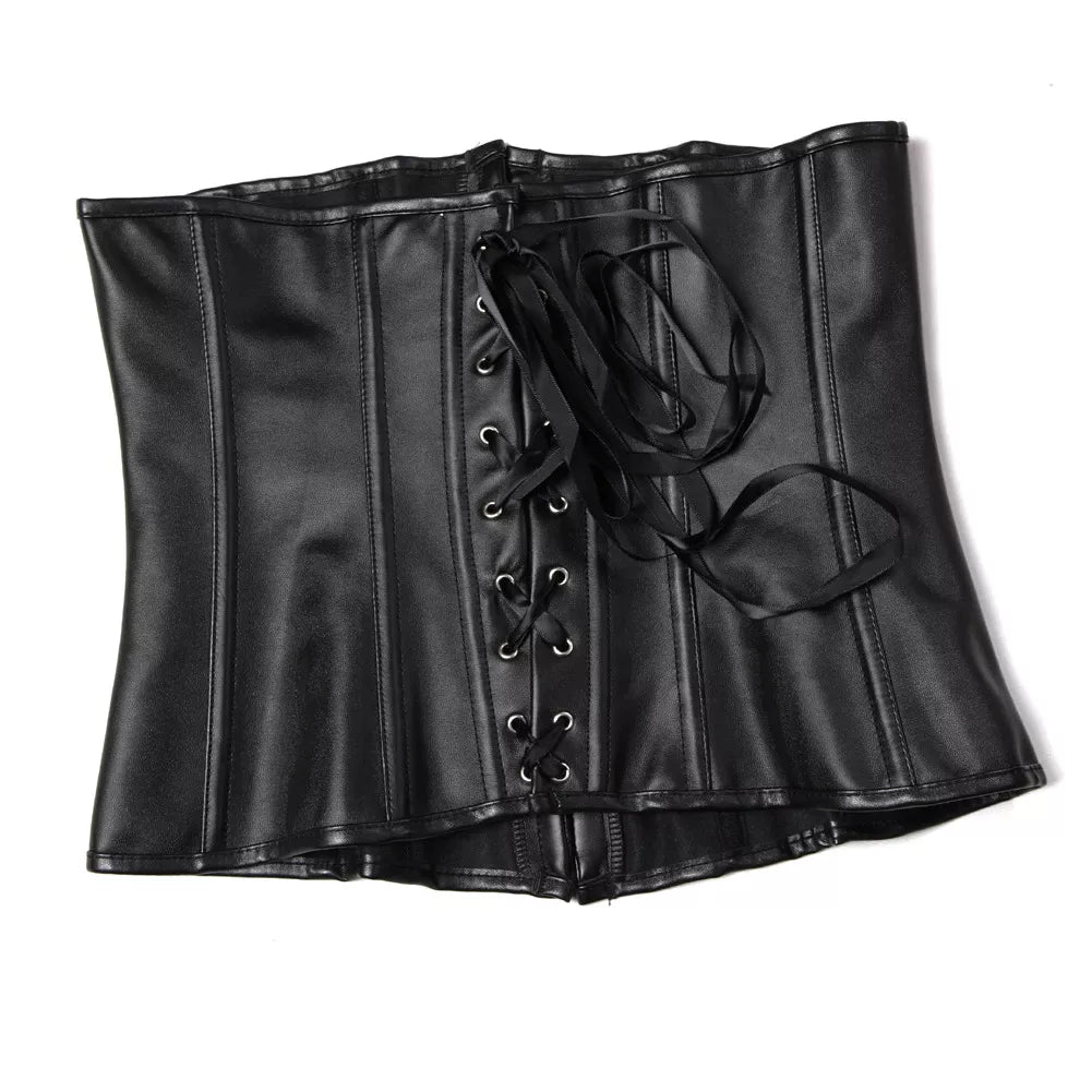 Steampunk Corset Black Leather Corset with Steel Boning and Lace-Up Back