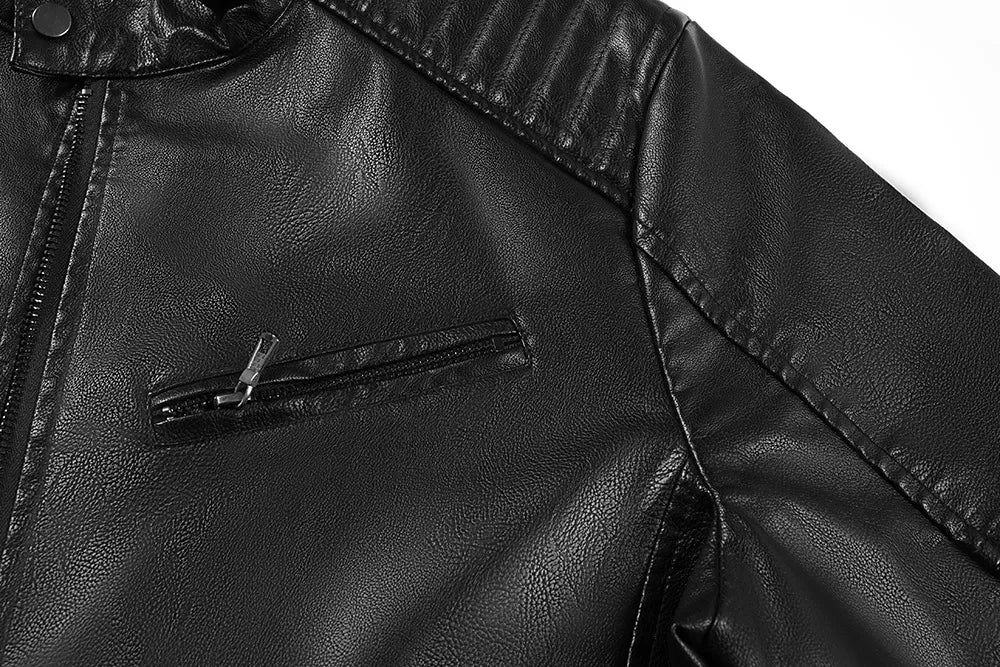 Men’s Stand Collar Leather Jacket Casual Faux Leather Motorcycle Jacket Outerwear Coat with Zipper Pockets