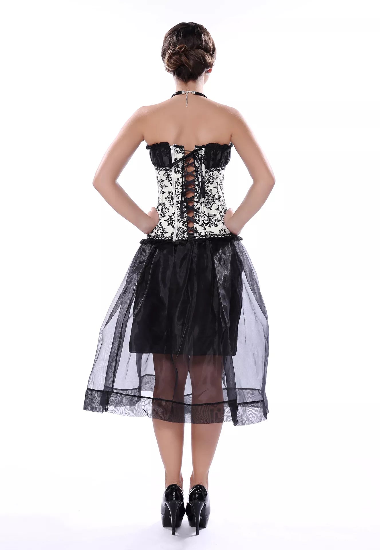 Lace Corset with Ruffle Trim and Bow Accents