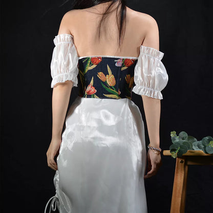 Renaissance Style Jacquard Tulip Boned Corset with Front Lace-Up