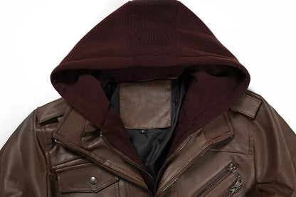 Men's PU Leather Bomber Jacket with Detachable Hood