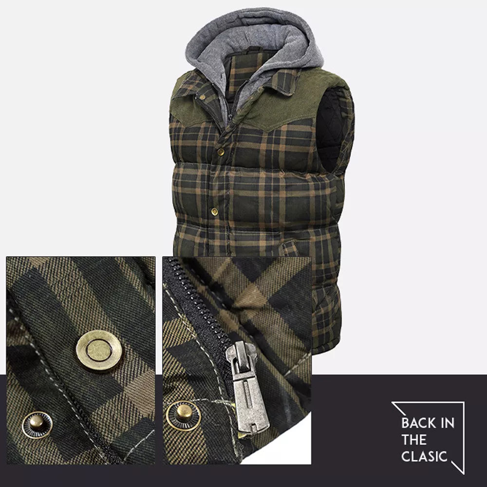 Men's Hooded Cotton Vest with Scottish Plaid Thick Sleeveless Vest