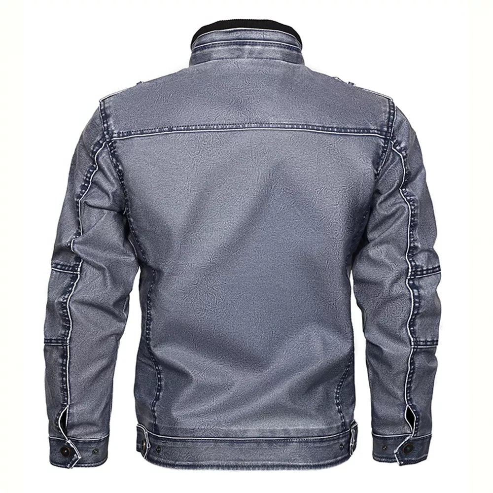 Men's Motorcycle PU Leather Jacket with Distressed Wash and Stand Collar