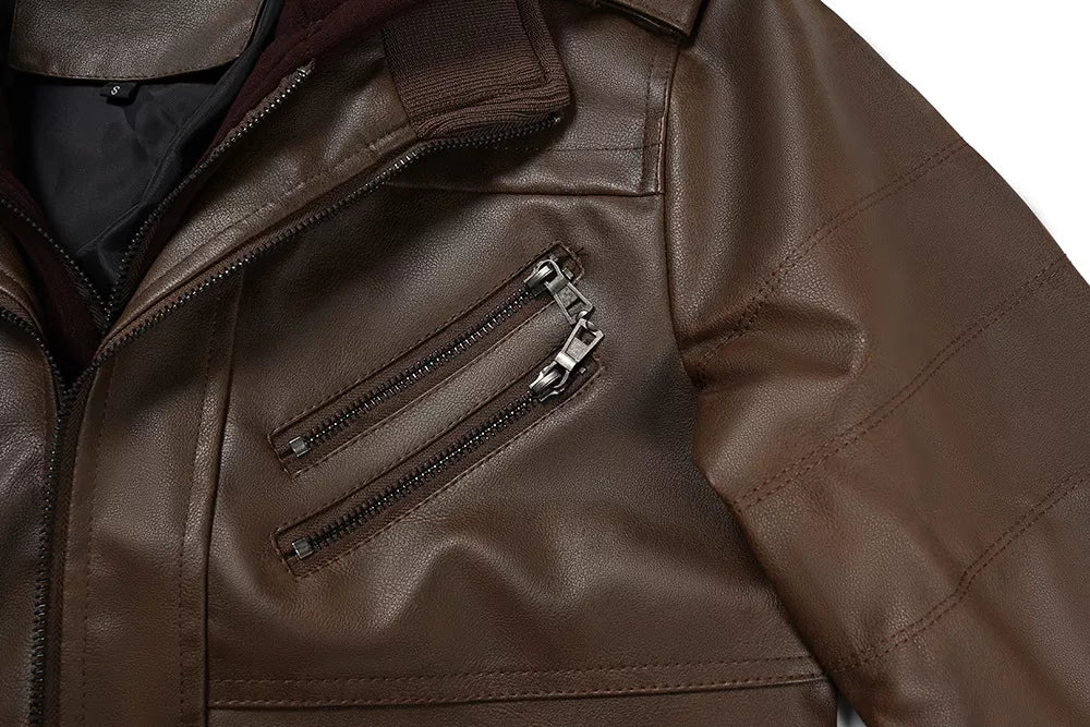 Men's PU Leather Bomber Jacket with Detachable Hood