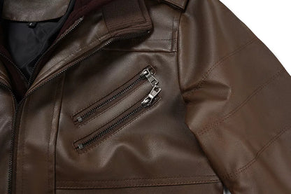 Men's PU Leather Bomber Jacket with Detachable Hood