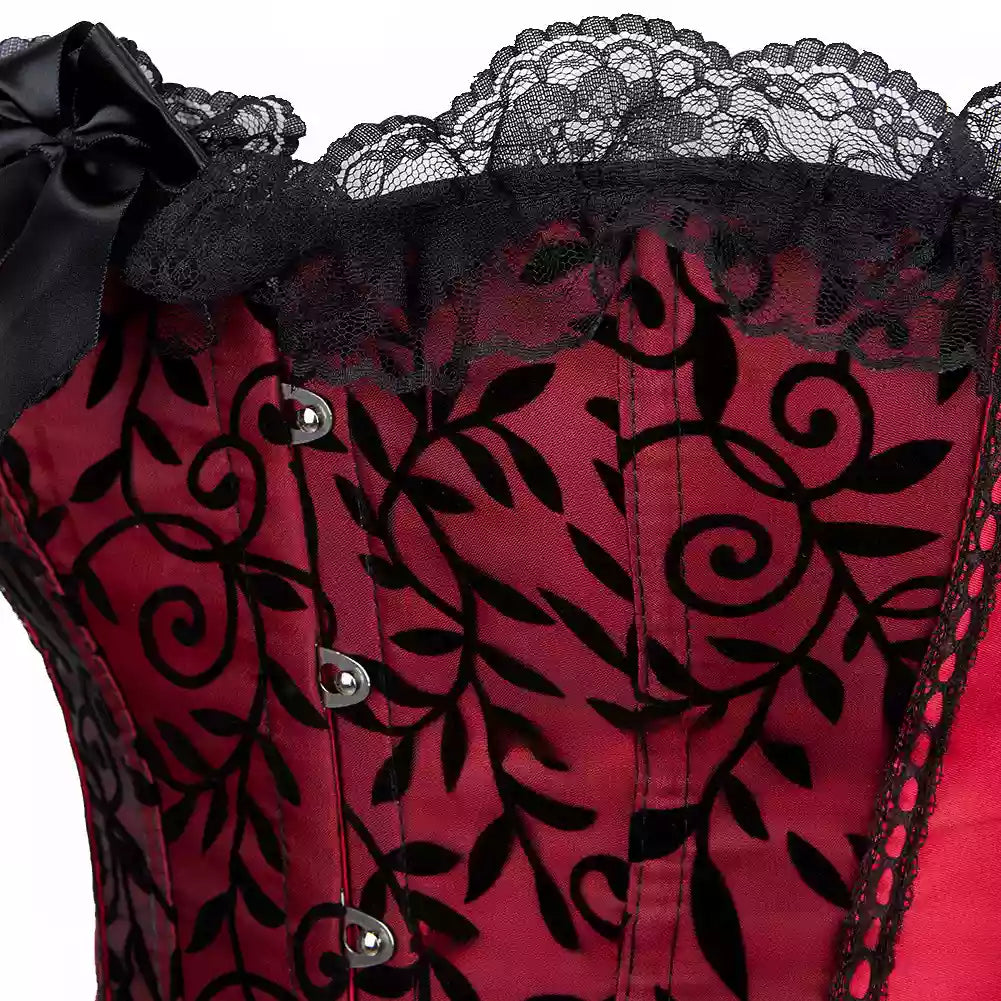 Satin Overbust Corset with Black Flocked Design and Lace Trim