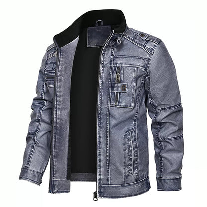 Men's Motorcycle PU Leather Jacket with Distressed Wash and Stand Collar