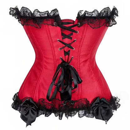 Satin Overbust Corset with Black Flocked Design and Lace Trim