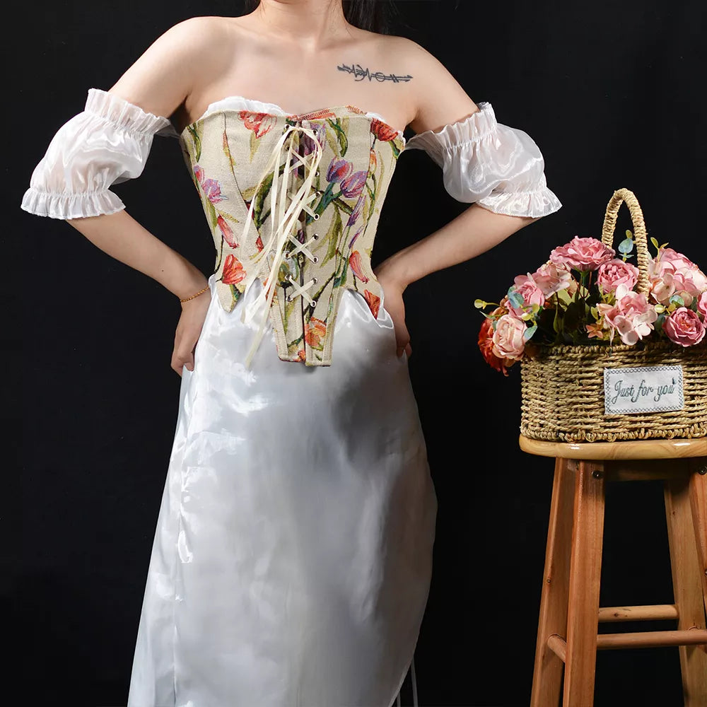 Renaissance Style Jacquard Tulip Boned Corset with Front Lace-Up