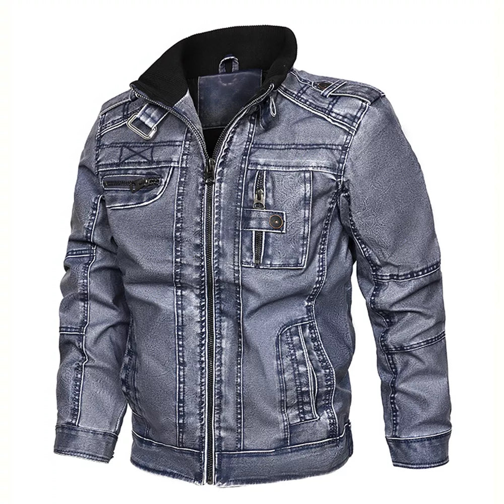 Men's Motorcycle PU Leather Jacket with Distressed Wash and Stand Collar