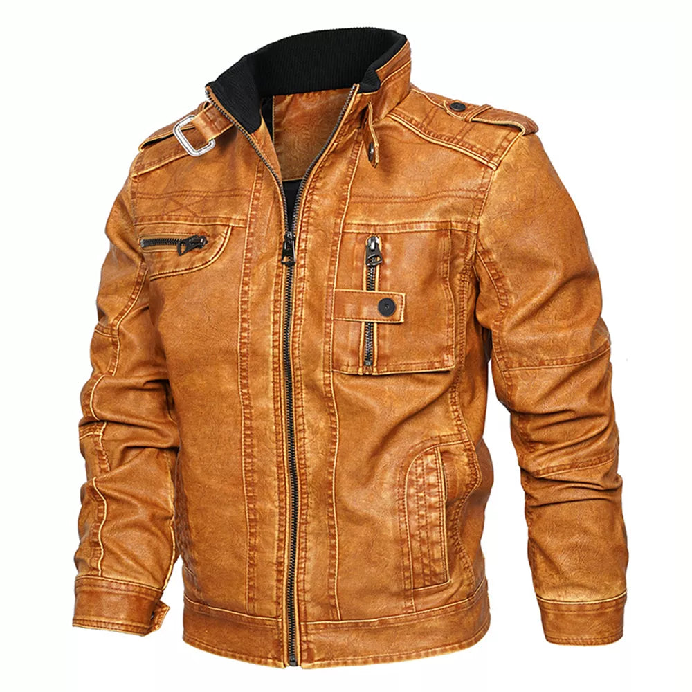 Men's Motorcycle PU Leather Jacket with Distressed Wash and Stand Collar