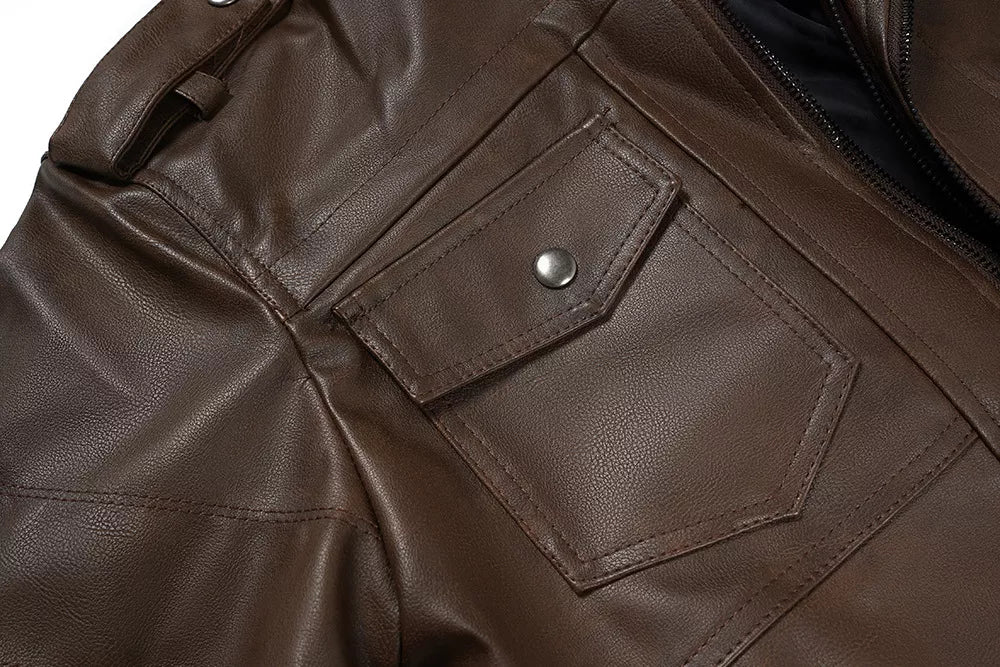 Men's PU Leather Bomber Jacket with Detachable Hood