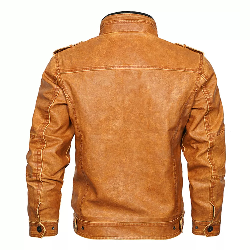 Men's Motorcycle PU Leather Jacket with Distressed Wash and Stand Collar