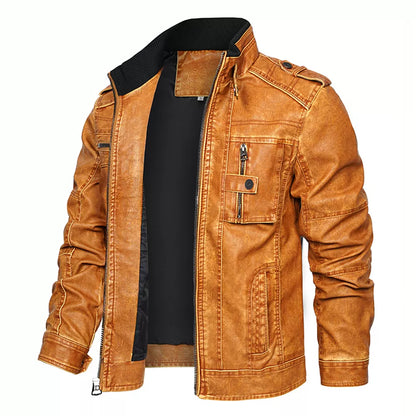 Men's Motorcycle PU Leather Jacket with Distressed Wash and Stand Collar