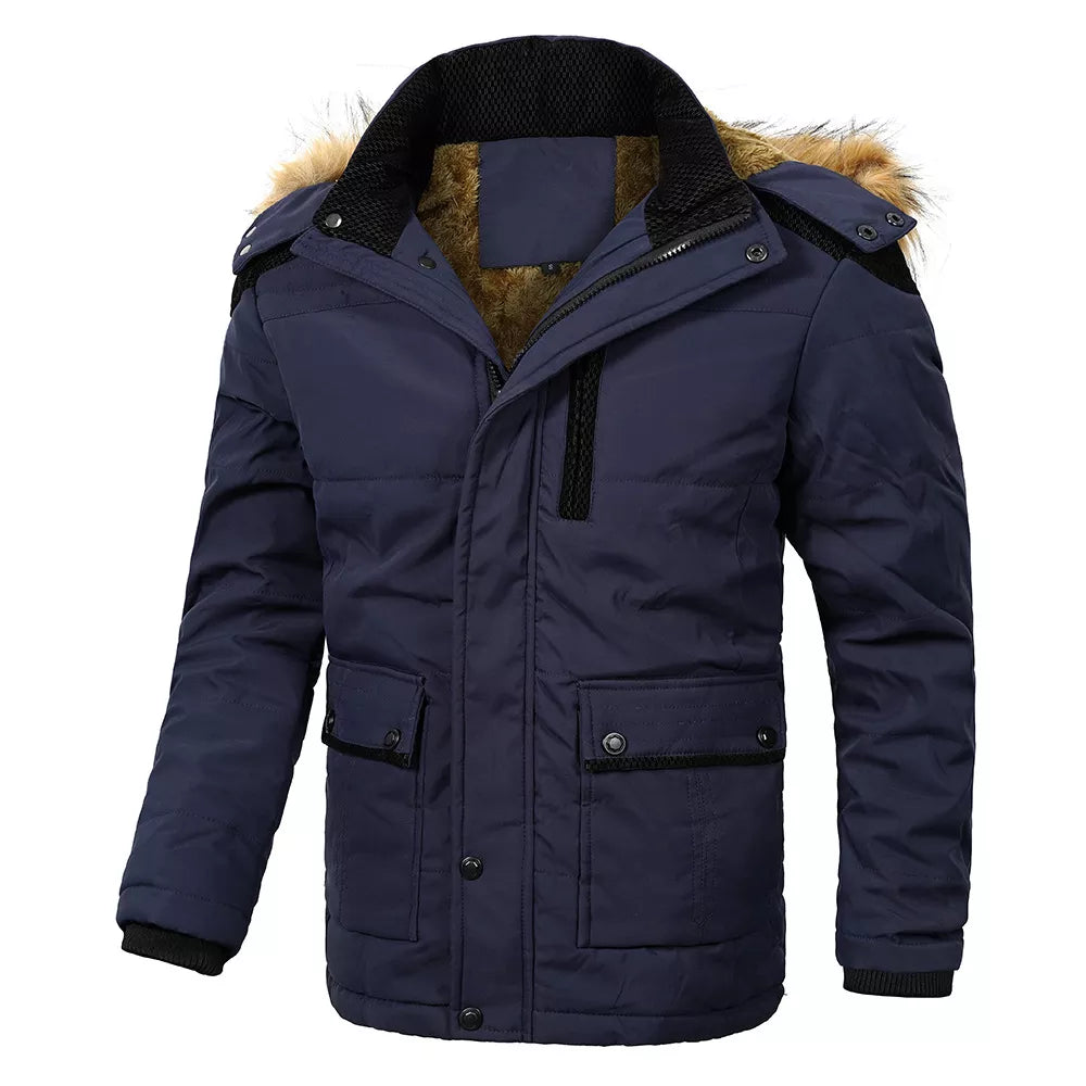 Men's Parka Jacket Hooded Cotton Jacket with Oversized Fur Collar