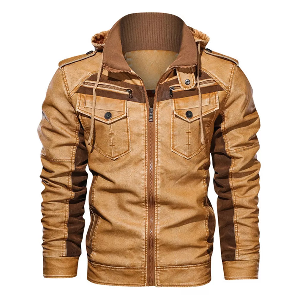 Men's Hooded PU Leather Jacket with Fleece Lining