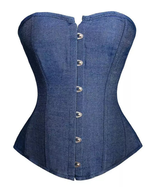 Vintage Denim Overbust Corset with Lace-Up Back