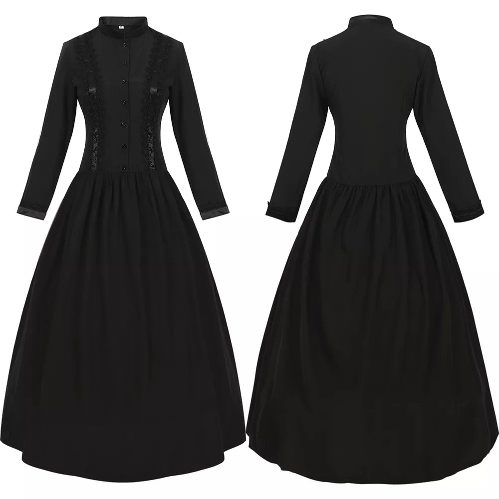 Women's Halloween Medieval Gown Vintage Long Dress with Stand Collar and Flared Hem