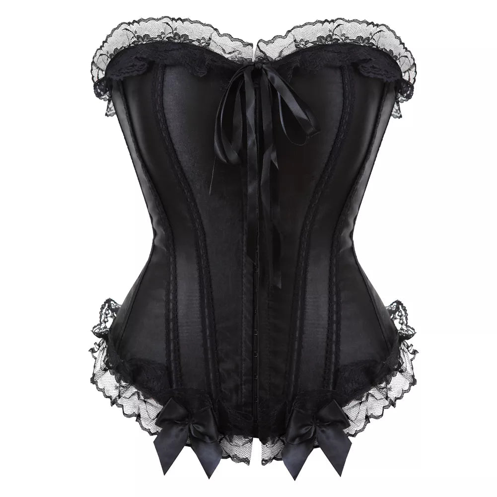 Black Lace Corset Top with Steel Boning and Ribbon Accents