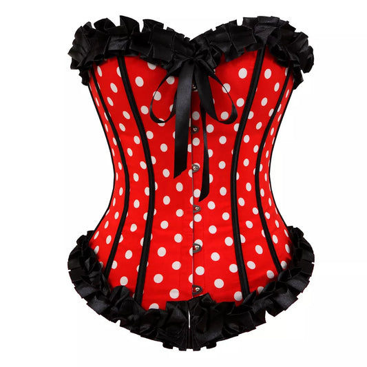 Playful Red Polka Dot Overbust Corset with Black Ruffle Trim and Bow Accents