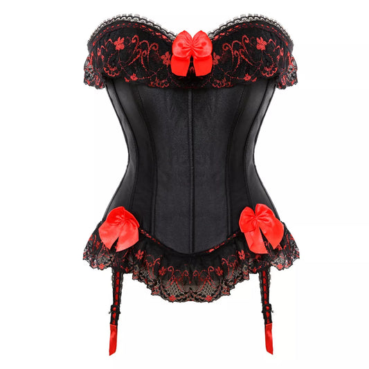 Elegant Black and Red Lace Trim Overbust Corset with Steel Boning and Satin Bows