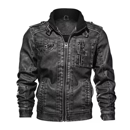 Men's Motorcycle PU Leather Jacket with Distressed Wash and Stand Collar