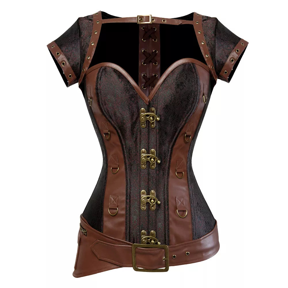 Gothic Corset Top Overbust Corset with Brass Clasps and Buckle Belt