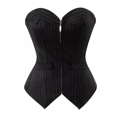 Pinstripe Black Overbust Corset Top with Steel Boning