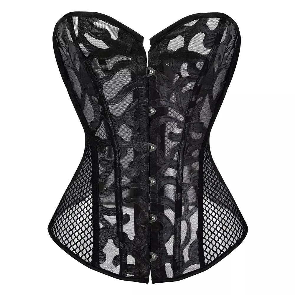 Lace Mesh Overbust Corset with Steel Boning and Front Busk Closure