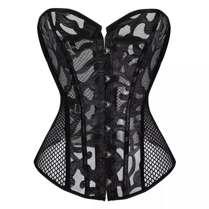 Lace Mesh Overbust Corset with Steel Boning and Front Busk Closure