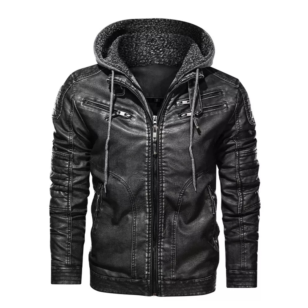 Men’s Stand Collar PU Leather Motorcycle Jacket with Detachable Hood